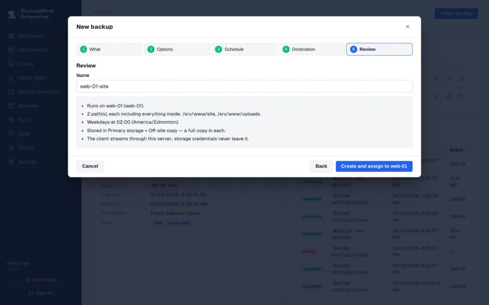 BackupMunk guided backup setup, review step: a plain-language summary of what will be backed up, when, and to which two storage destinations