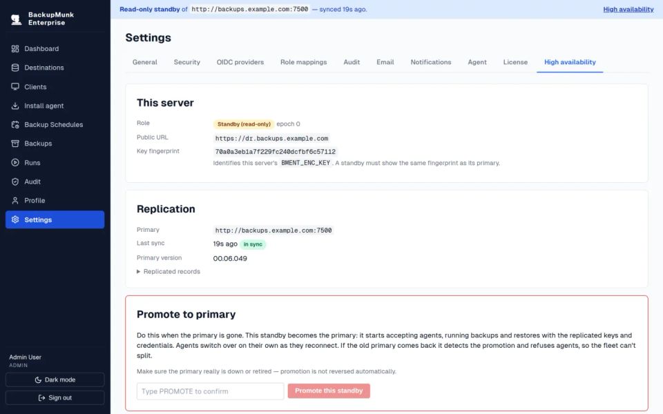 BackupMunk standby server settings: replication in sync with the primary, and the control to promote the standby if the primary is lost