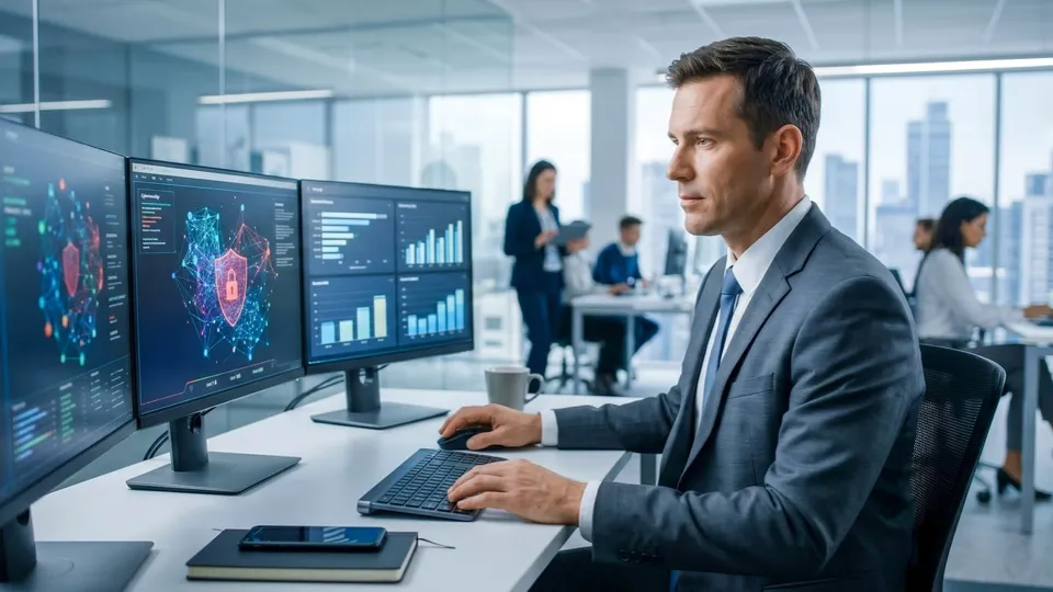 Security analyst at a SOC desk reviewing threat dashboards