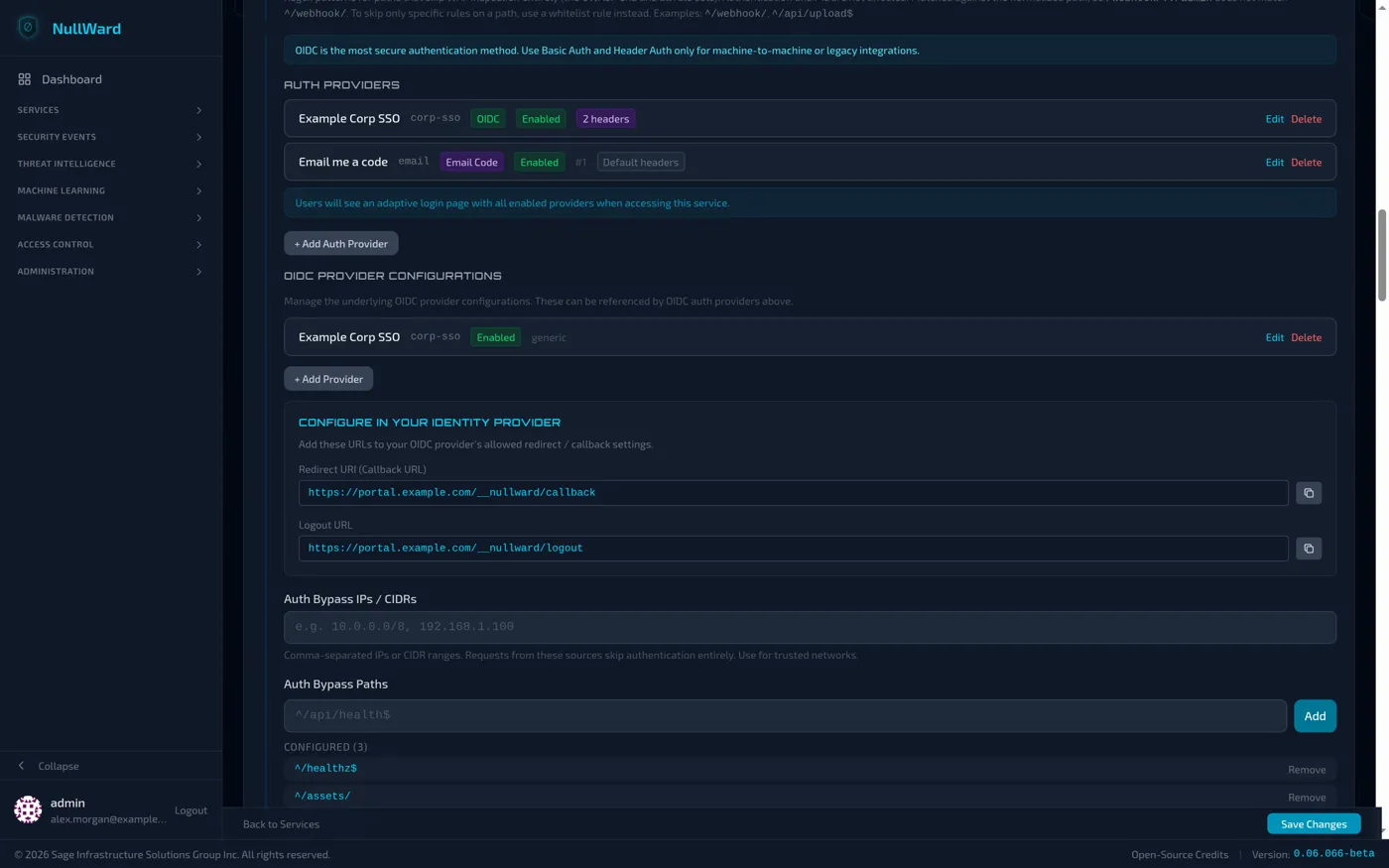 NullWard per-service sign-in settings: OIDC single sign-on and email-code login, with callback URLs and bypass paths